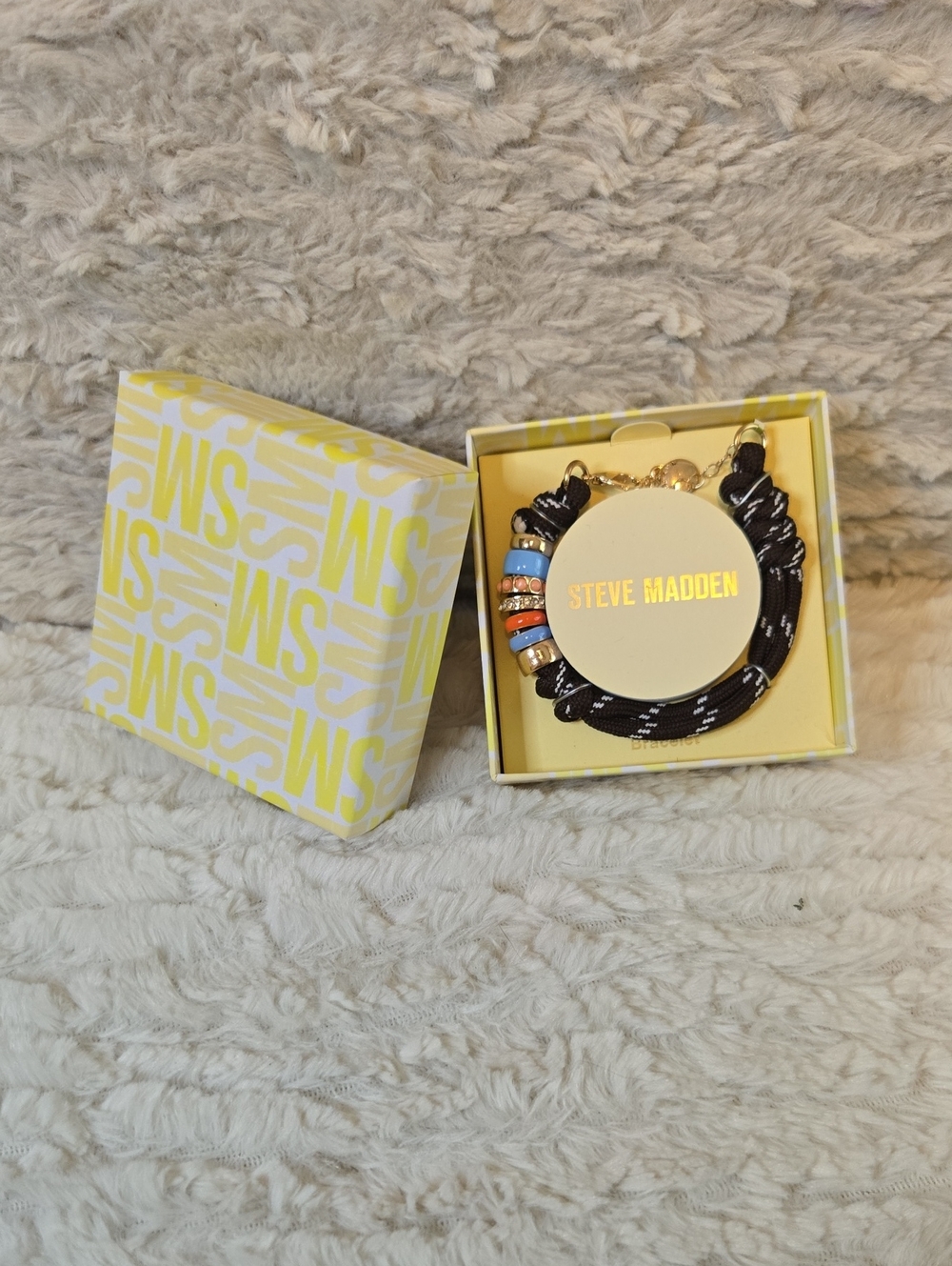 Steve Madden Black Rope Bracelet with Multicolor Beads